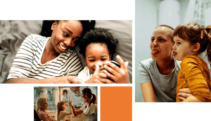 This image is a collage of different people.    The upper left is a mother and toddler having fun, watching cartoons on a phone.  The upper right is a mother with cancer, hugging her daughter in bathroom and making faces.  The bottom is a happy girl with her mother, giving a high five to a dentist after a medical exam at dentist's office.