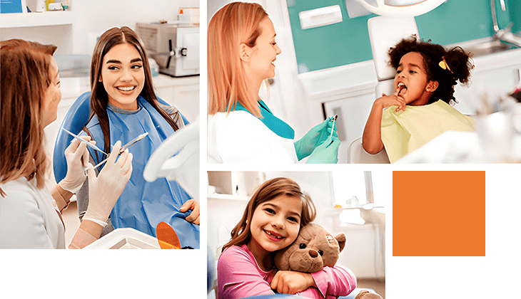 Collage of 3 photos The upper left is a smiling young woman speaking with a female dentist during an appointment The upper right is a female dental assistant smiling as a young black toddler shows point to an aching tooth The lower center photo is a happy little girl holding a teddy bear in their arms at a dentist office